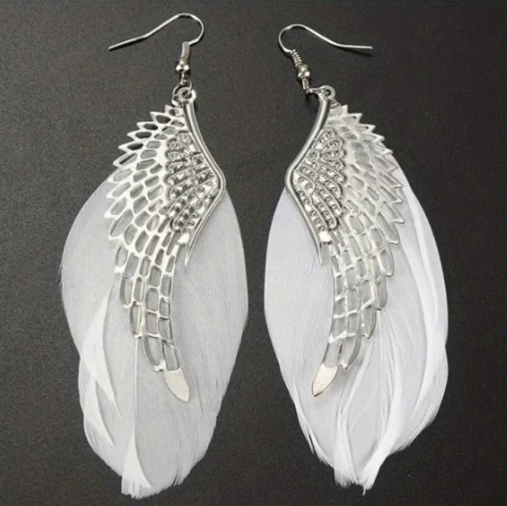 Hollow Angel's Wing Design With White Feather Dangle‎ Earrings 2/$15 3/$20